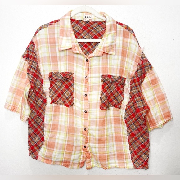 POL Tops - POL Plaid Patchwork Button-Up Short Sleeve Shirt Mixed Pattern Boho Oversized